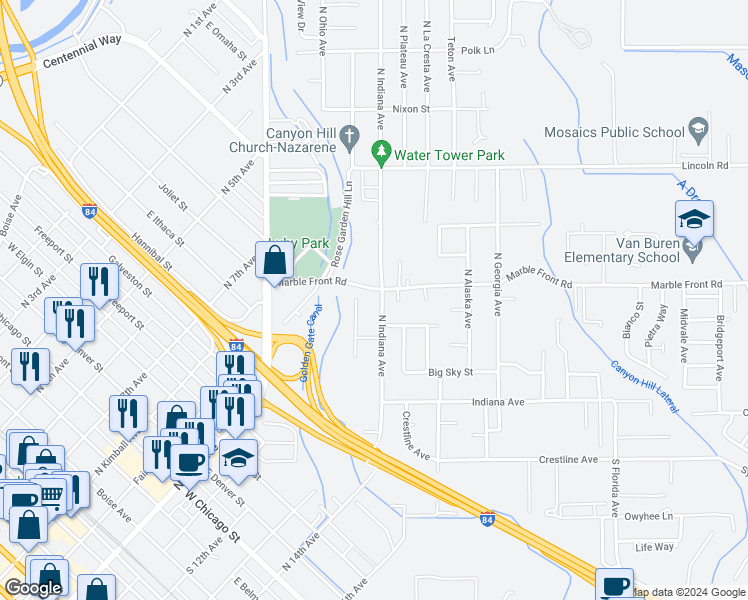 map of restaurants, bars, coffee shops, grocery stores, and more near 304 North Indiana Avenue in Caldwell