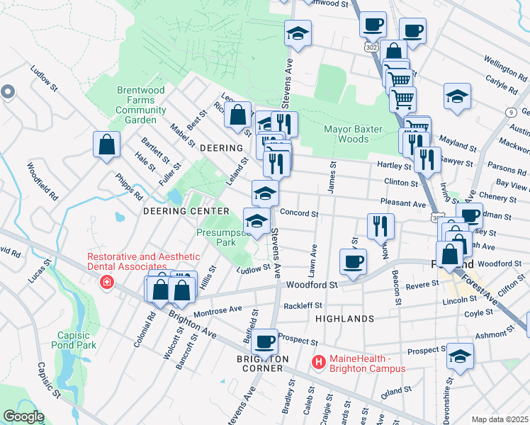 map of restaurants, bars, coffee shops, grocery stores, and more near Access Rd in Portland