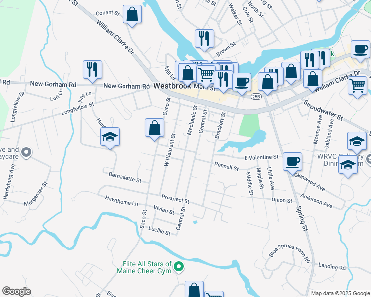 map of restaurants, bars, coffee shops, grocery stores, and more near 129 Central Street in Westbrook