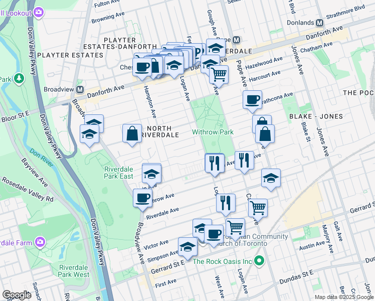 map of restaurants, bars, coffee shops, grocery stores, and more near in Toronto