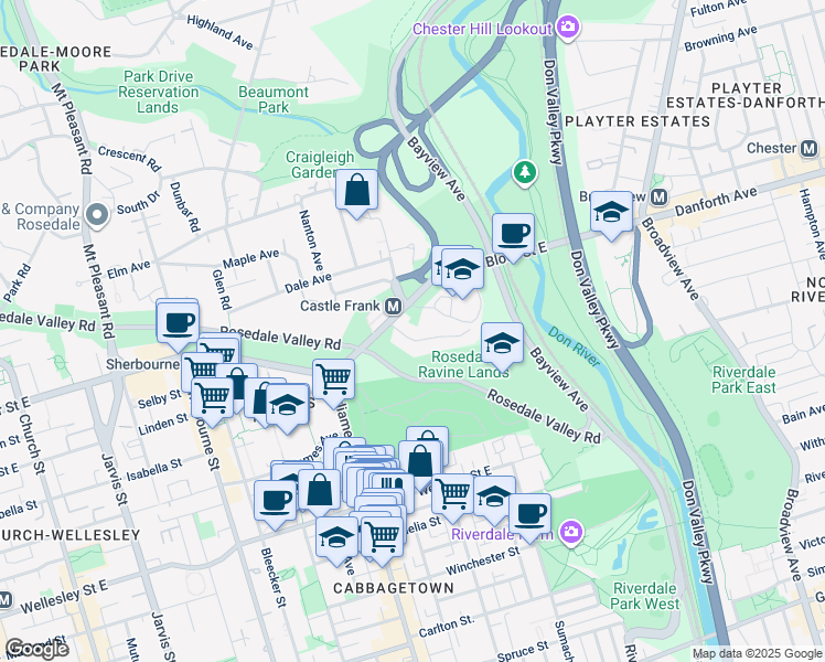 map of restaurants, bars, coffee shops, grocery stores, and more near 19 Castle Frank Crescent in Toronto