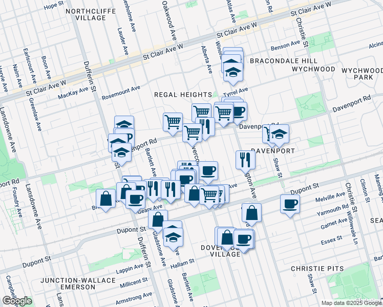 map of restaurants, bars, coffee shops, grocery stores, and more near 1162 Dovercourt Road in Toronto