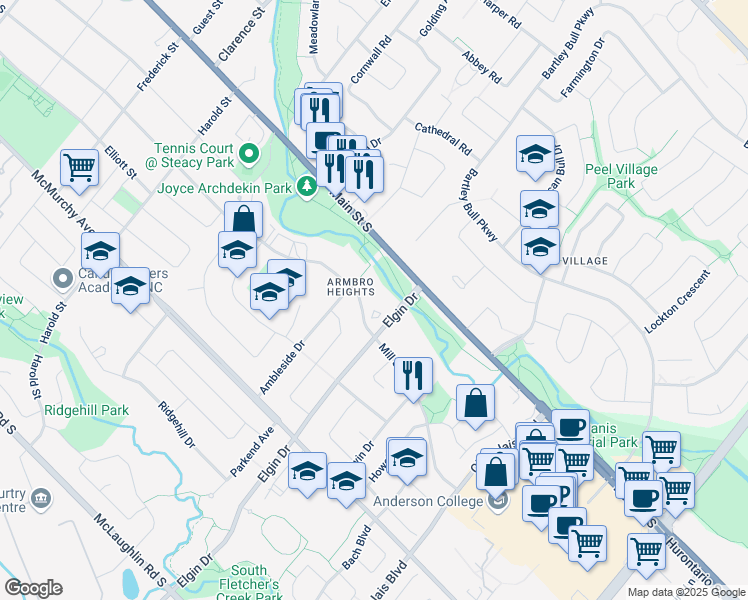 map of restaurants, bars, coffee shops, grocery stores, and more near in Brampton