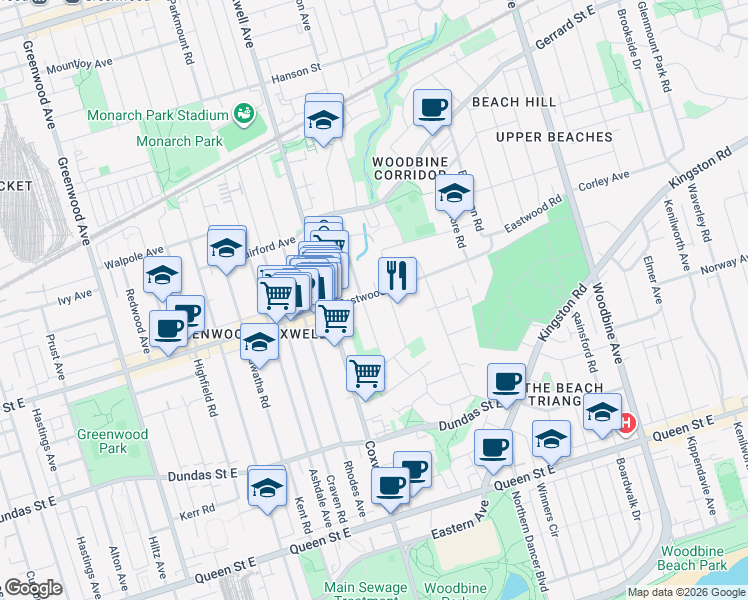 map of restaurants, bars, coffee shops, grocery stores, and more near 43 Eastwood Road in Toronto