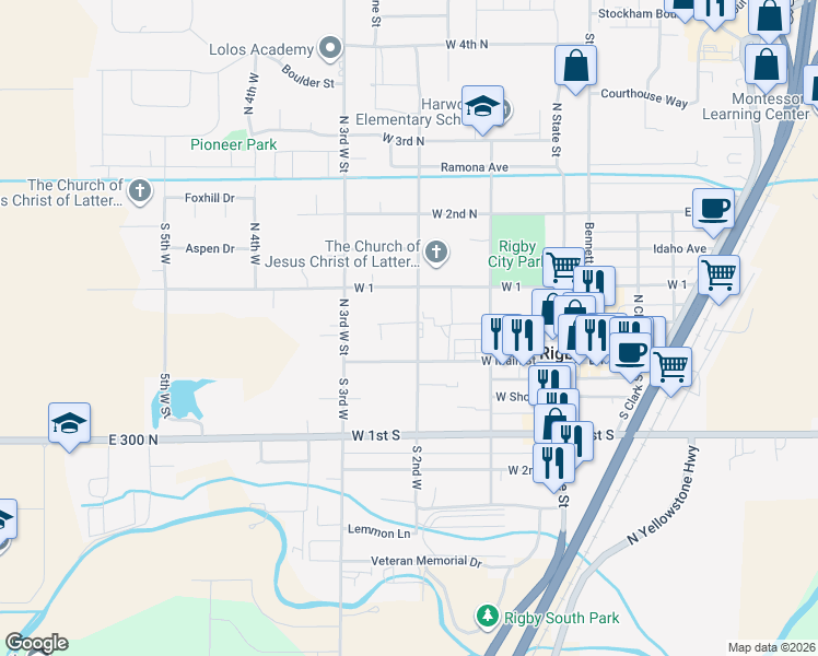map of restaurants, bars, coffee shops, grocery stores, and more near 302 West Main Street in Rigby