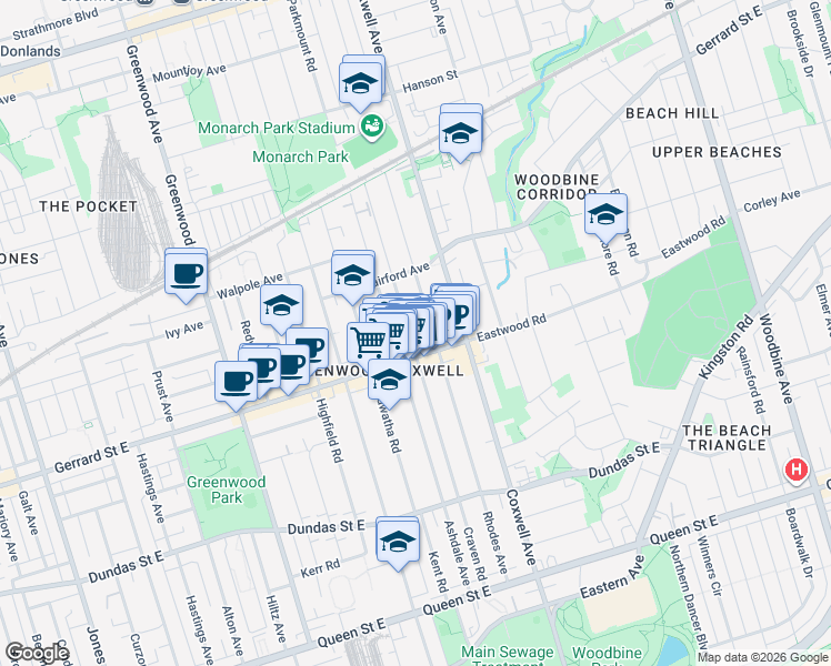 map of restaurants, bars, coffee shops, grocery stores, and more near in Toronto