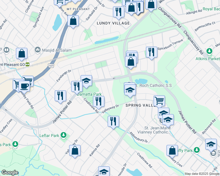 map of restaurants, bars, coffee shops, grocery stores, and more near 33 Bonavista Drive in Brampton