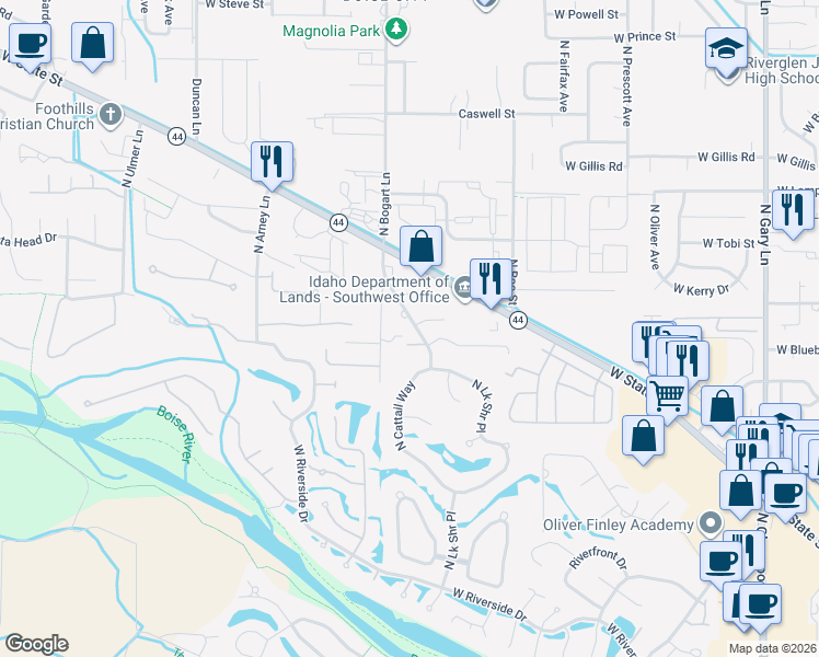 map of restaurants, bars, coffee shops, grocery stores, and more near 8691 West Pamela Street in Garden City