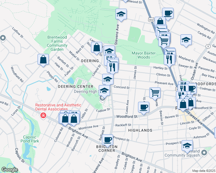 map of restaurants, bars, coffee shops, grocery stores, and more near 432 Stevens Avenue in Portland