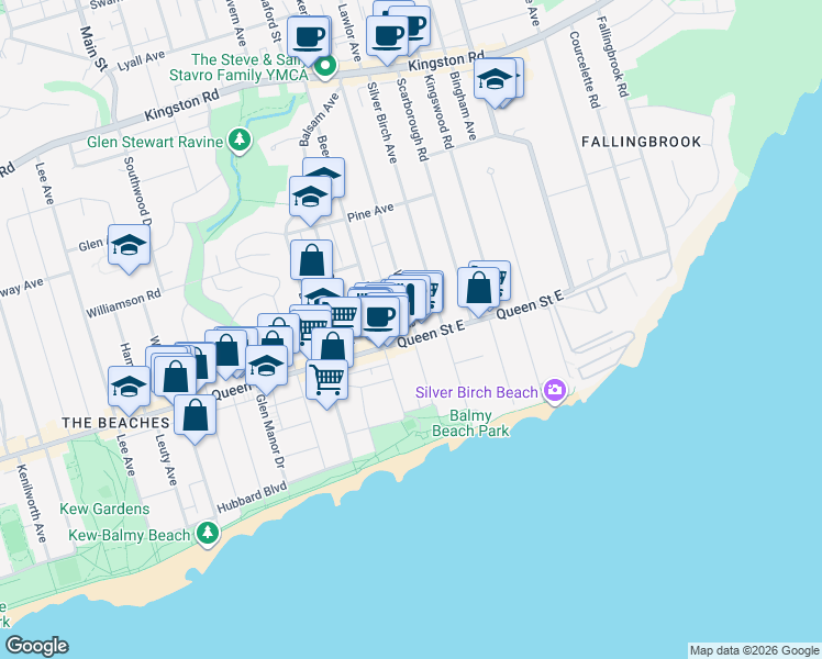 map of restaurants, bars, coffee shops, grocery stores, and more near 2256 Queen Street East in Toronto