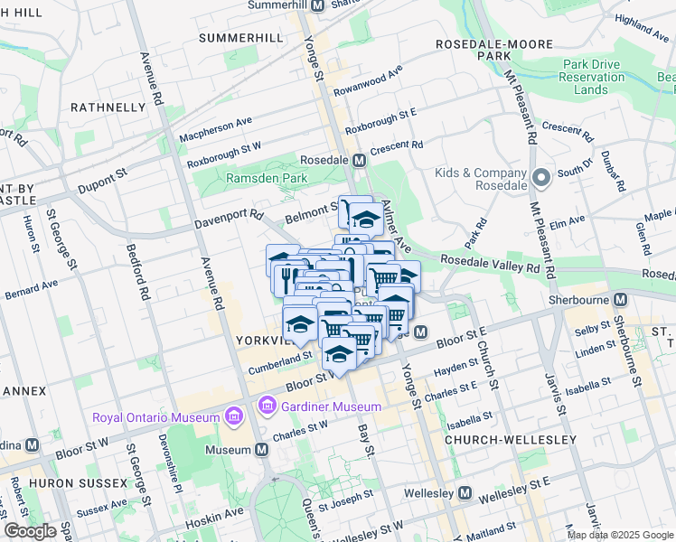 map of restaurants, bars, coffee shops, grocery stores, and more near 32 Davenport Road in Toronto