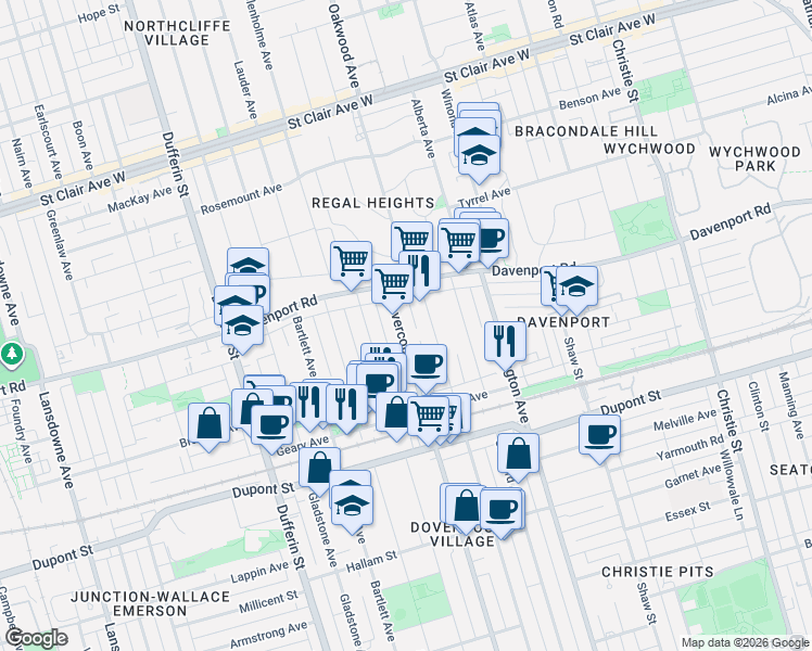 map of restaurants, bars, coffee shops, grocery stores, and more near 1195 Dovercourt Road in Toronto