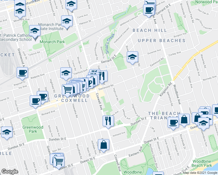 map of restaurants, bars, coffee shops, grocery stores, and more near 43 Eastwood Road in Toronto