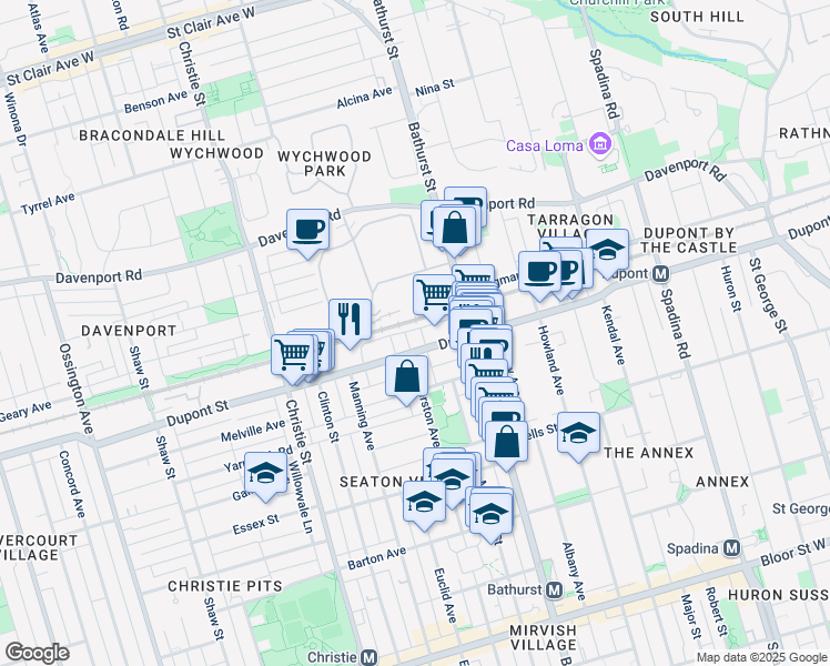 map of restaurants, bars, coffee shops, grocery stores, and more near 921 Palmerston Avenue in Toronto