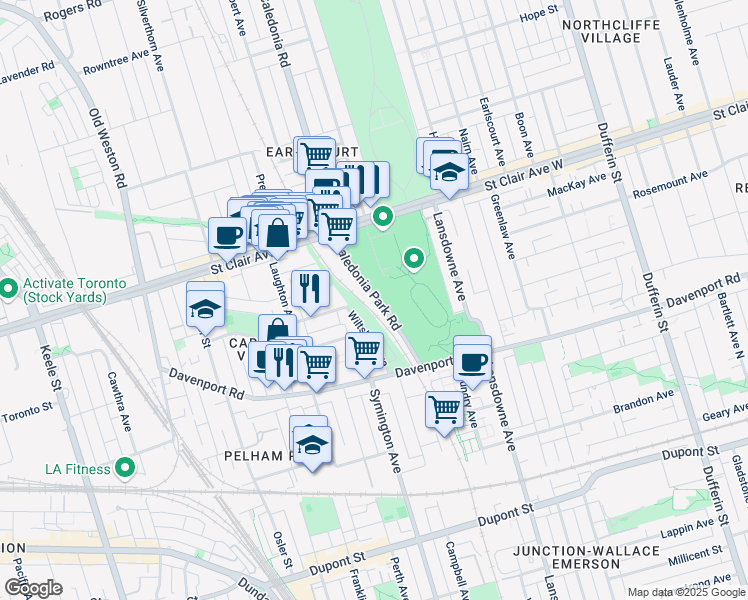 map of restaurants, bars, coffee shops, grocery stores, and more near 70 Caledonia Park Road in Toronto