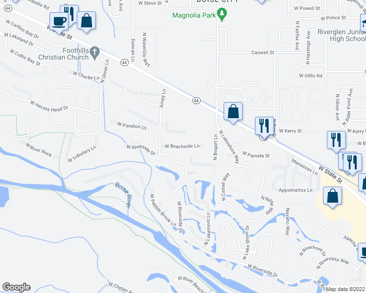 map of restaurants, bars, coffee shops, grocery stores, and more near 9216 West Beachside Lane in Garden City