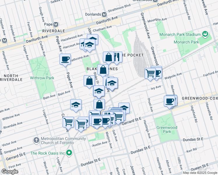 map of restaurants, bars, coffee shops, grocery stores, and more near in Toronto
