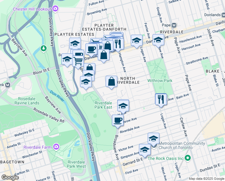 map of restaurants, bars, coffee shops, grocery stores, and more near in Toronto