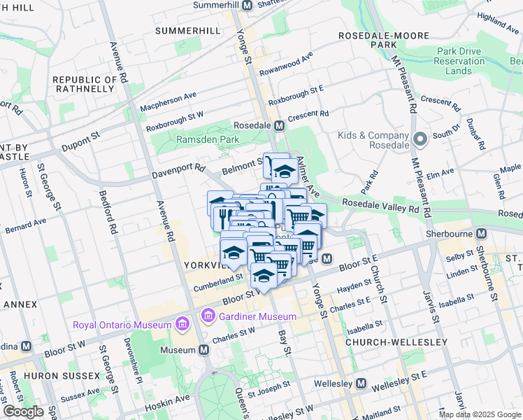 map of restaurants, bars, coffee shops, grocery stores, and more near 60 Yorkville Avenue in Toronto