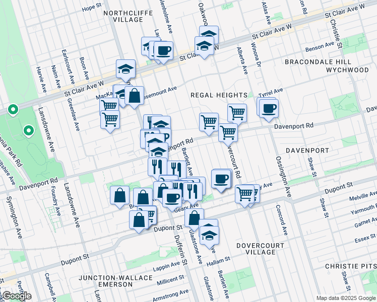 map of restaurants, bars, coffee shops, grocery stores, and more near in Toronto
