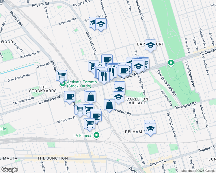 map of restaurants, bars, coffee shops, grocery stores, and more near in Toronto