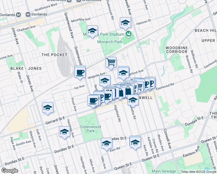 map of restaurants, bars, coffee shops, grocery stores, and more near in Toronto