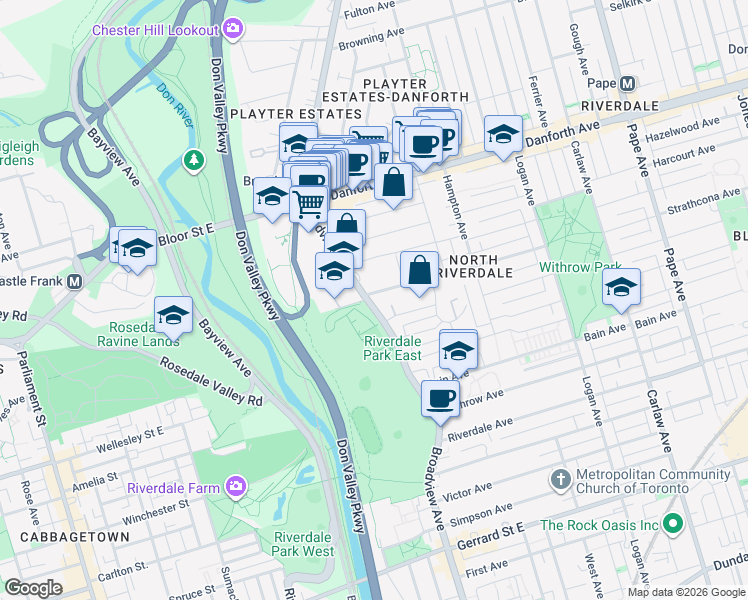 map of restaurants, bars, coffee shops, grocery stores, and more near 639 Broadview Avenue in Toronto
