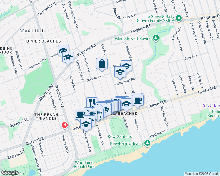 map of restaurants, bars, coffee shops, grocery stores, and more near 85 Wheeler Avenue in Toronto