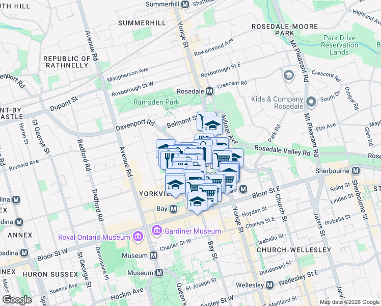 map of restaurants, bars, coffee shops, grocery stores, and more near 1319 Bay Street in Toronto