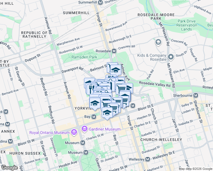 map of restaurants, bars, coffee shops, grocery stores, and more near in Toronto