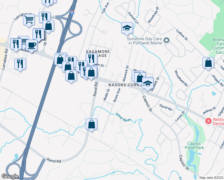 map of restaurants, bars, coffee shops, grocery stores, and more near 971 Brighton Avenue in Portland