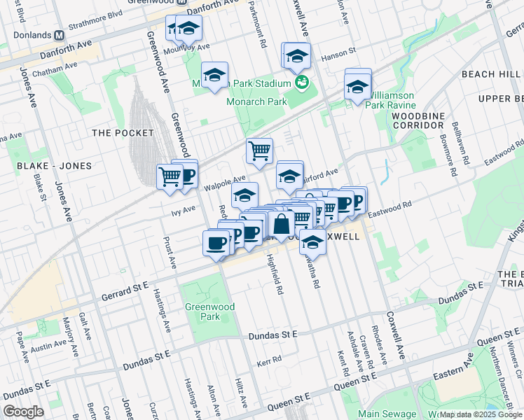 map of restaurants, bars, coffee shops, grocery stores, and more near 285 Highfield Road in Toronto