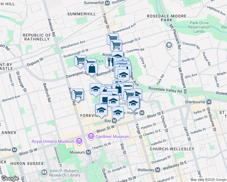map of restaurants, bars, coffee shops, grocery stores, and more near 32 Davenport Road in Toronto