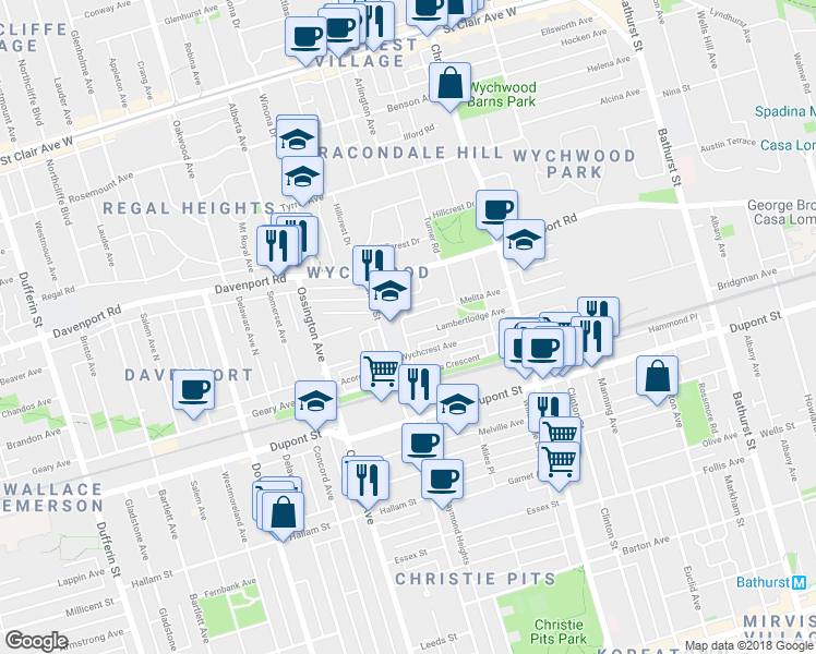map of restaurants, bars, coffee shops, grocery stores, and more near 409 Melita Crescent in Toronto