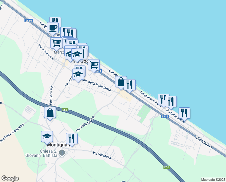 map of restaurants, bars, coffee shops, grocery stores, and more near 17/D Viale della Resistenza in Montignano-marzocca