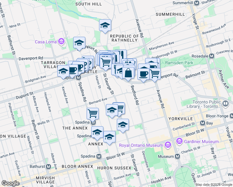 map of restaurants, bars, coffee shops, grocery stores, and more near 88 Bernard Avenue in Toronto