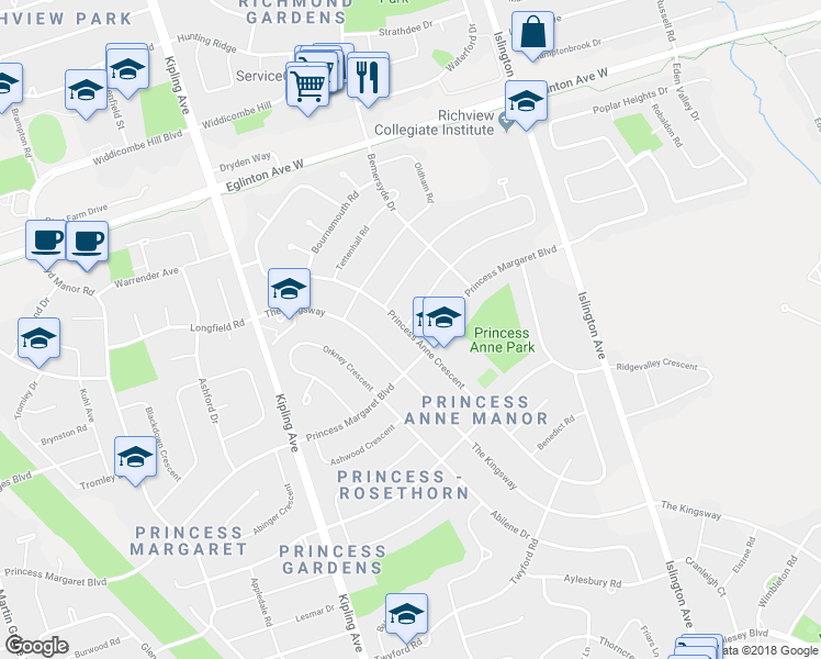 map of restaurants, bars, coffee shops, grocery stores, and more near 88 Princess Anne Crescent in Toronto