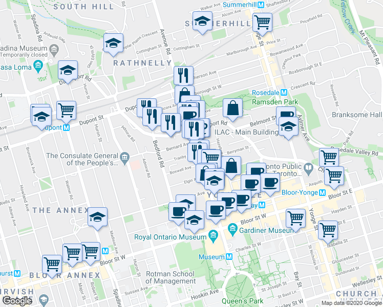 map of restaurants, bars, coffee shops, grocery stores, and more near 18 Tranby Avenue in Toronto