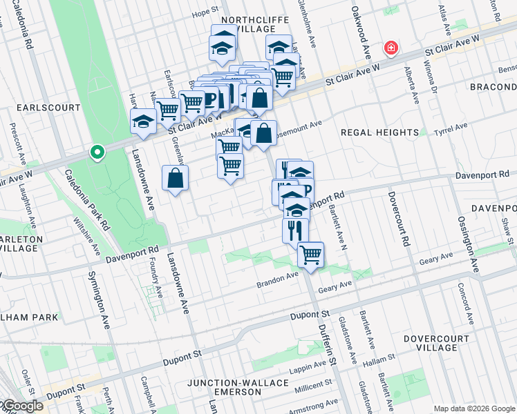 map of restaurants, bars, coffee shops, grocery stores, and more near 34 McFarland Avenue in Toronto