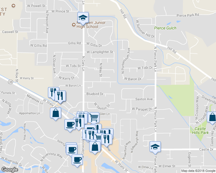 map of restaurants, bars, coffee shops, grocery stores, and more near 5845 North Glenborough Place in Boise