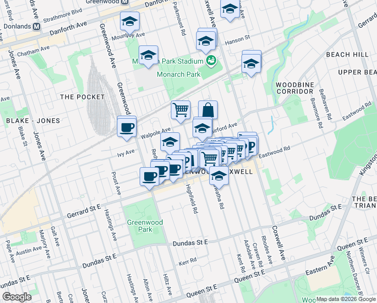 map of restaurants, bars, coffee shops, grocery stores, and more near 332 Woodfield Road in Toronto
