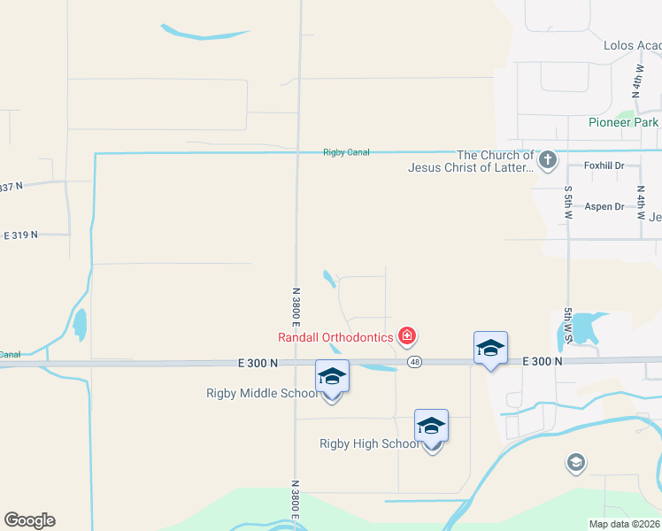 map of restaurants, bars, coffee shops, grocery stores, and more near 326 North 3800 East in Rigby
