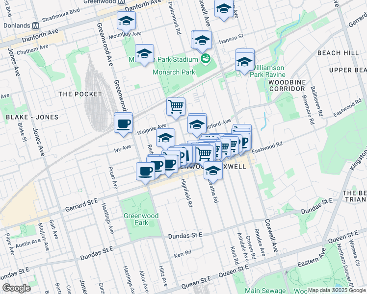 map of restaurants, bars, coffee shops, grocery stores, and more near 332 Woodfield Road in Toronto