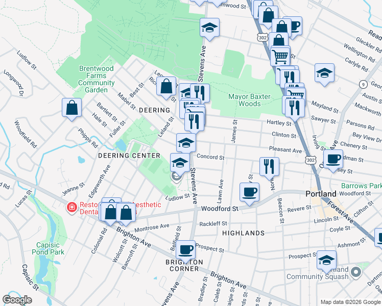 map of restaurants, bars, coffee shops, grocery stores, and more near 438 Stevens Avenue in Portland