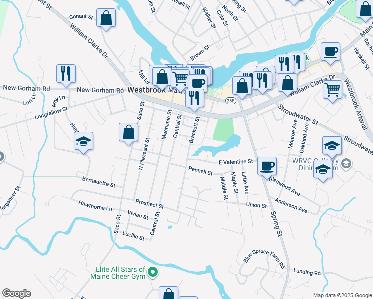 map of restaurants, bars, coffee shops, grocery stores, and more near 12 Butler Court in Westbrook