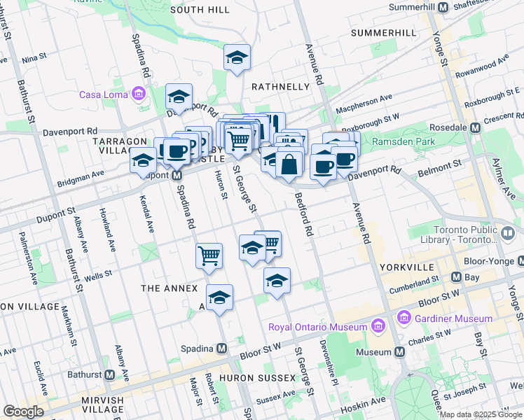 map of restaurants, bars, coffee shops, grocery stores, and more near 280 Saint George Street in Toronto