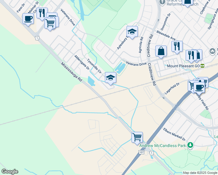 map of restaurants, bars, coffee shops, grocery stores, and more near 116 Tysonville Circle in Brampton