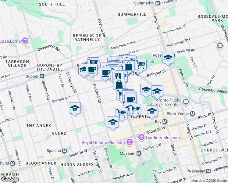 map of restaurants, bars, coffee shops, grocery stores, and more near 18 Tranby Avenue in Toronto