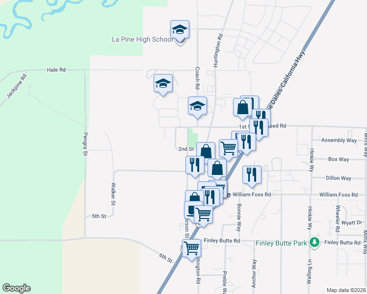 map of restaurants, bars, coffee shops, grocery stores, and more near 51587 Stillwell in La Pine