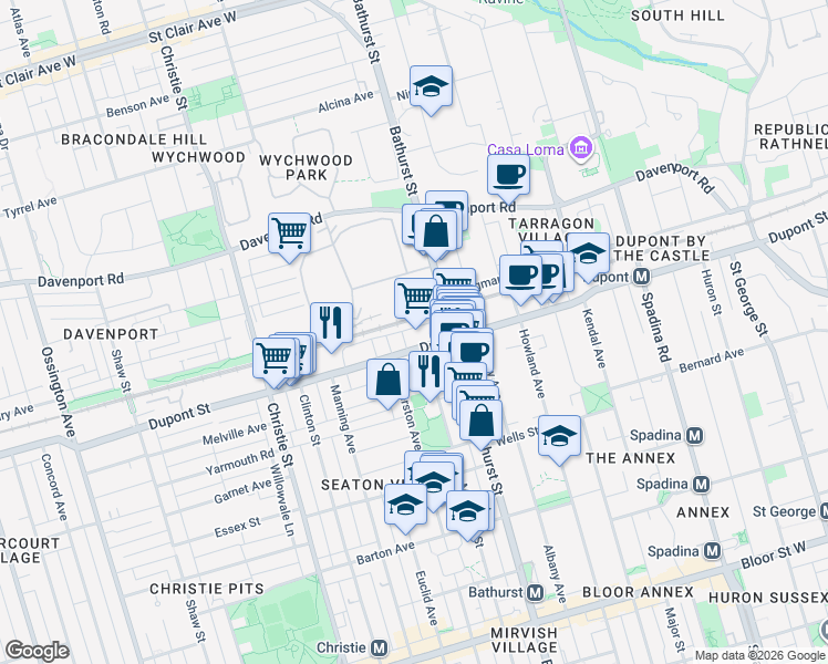 map of restaurants, bars, coffee shops, grocery stores, and more near 500 Dupont Street in Toronto